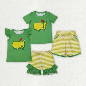 Tenues pour frères et sœurs pour enfants en bas âge, style golf, t-shirt vert et short rayé jaune, ensemble d'été 2 pièces - Product Image 1