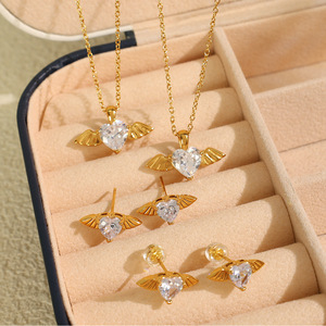 Heart Shaped Zircon Angel Wing Pendant Necklace And Earrings Set 18k Gold Plated <b>Titanium</b> Steel Women's Everyday Wear Jewelry - Product Image 1