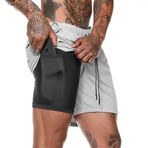 Мужские двухслойные шорты для фитнеса с сетчатой подкладкой и эластичной талией, дышащие быстросохнущие пляжные летние мужские