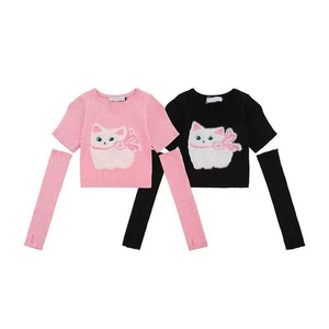 เสื้อสเวตเตอร์ถักแขนสั้นลายลูกแมวสำหรับเด็กผู้หญิง สีชมพูและสีดำ ดีไซน์ต่อผ้าแบบนุ่ม ทรงเข้ารูปสำหรับเด็ก - Product Image 1