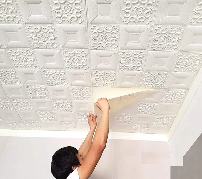 Self adhesive soft material wallpaper pe foam wall sticker 3d for ceiling