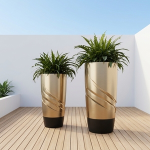 Ensemble de jardinières en fibre de verre, pots à fleurs hauts torsadés dorés antique métallisé, jardinières décoratives de luxe personnalisables pour la décoration de hall d'hôtel - Product Image 3
