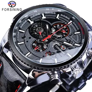 Forsining Watch Men Sport Mechanical Wristwatch Automatic Self-Wind Clock Date 3 Dials Shiny Leather Business Waterproof Relogio