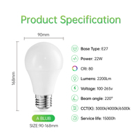 Ampoule LED intelligente 220 à longue durée de vie, 22W, 2200LM, 3000K, 4000K, 6500K, culot E27, télécommande, usage domestique