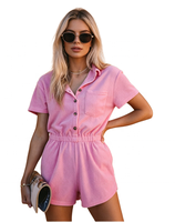 Combinaison courte boutonnée en coton éponge avec logo personnalisé pour femme, fente latérale, tenue de plage et de vacances, vente en gros