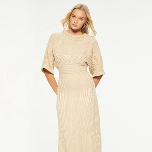 Nuovo <span class=keywords><strong>Abito</strong></span> <span class=keywords><strong>Lungo</strong></span> a Maglia con Mezze Maniche in Maglia a Trecce Caldo Color Kaki Autunno-Inverno 2025 - Product Image 3