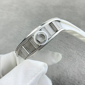 Luxury Men's Full Diamond Inlaid <b>Case</b> White Rubber Strap Barrel Shaped Gear Visible Design Fashion Gentlemen Collection <b>Watch</b> - Product Image 2