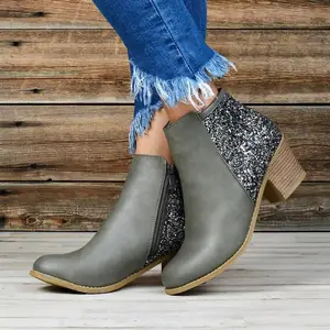 BT-023 Venta caliente marica mosaico tobillo corto botas para mujer Otoño Invierno de cuero de la PU de tacón bajo