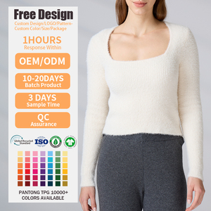 Fabricants de tricots sur mesure, pulls en tricot côtelé pour femmes, col carré blanc, manches longues, printemps-automne - Product Image 2