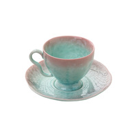 Ensemble tasse et soucoupe en céramique émaillée cristalline, tasse à café ou à thé irisée pastel avec bord festonné