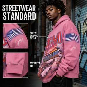 Sudadera con capucha rosa Y2K de moda con pedrería y efecto desgastado para hombre, estilo vintage con estampado gráfico, de gran tamaño, estilo urbano. - Product Image 4