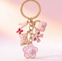 Sac à main rose mignon avec nœud, fleur, métal et fausses perles, porte-clés, cadeau pour femme, ornement de sac à la mode, accessoires de voiture