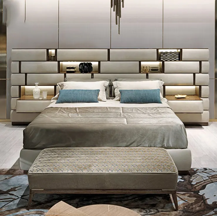 1 MOQ lusso moderno super piattaforma letto bianco king size camera da letto in pelle con struttura in legno set di mobili con testiera
