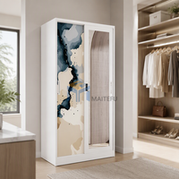 Armoire en acier imprimé motif Azulejo bleu et blanc, 1200 mm, 2 portes coulissantes avec miroir et tiroirs, armoire métallique pour chambre à coucher