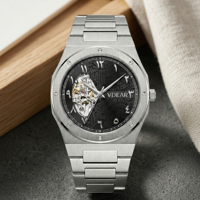Montre squelette de luxe pour homme en acier inoxydable à mouvement automatique, résistante à l'eau, petit MOQ, personnalisation de votre logo de marque