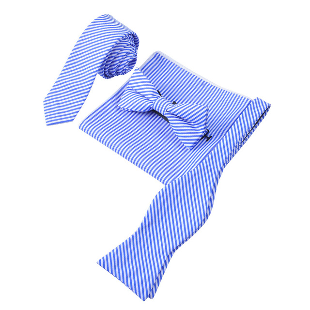A Set of Four Pieces Blue and White Striped Cotton Neck Tie With Pocket Square and Bow Tie Set