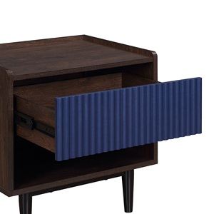 Nightstand In Navy Blue Wood With Ribbed Panel And <b>Open</b> Shelf <b>Storage</b> - Product Image 5