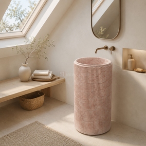 Lavabo autoportant de luxe en marbre rose et surface solide pour salle de bain - Product Image 2