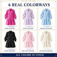 Robe Courte Décontractée Femme Personnalisée en Jacquard à Volants, Col à Volants, Manches Lanterne, Silhouette Trapèze, Lavable, OEM ODM Privé