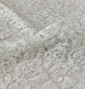 high quality wedding dress fabric with all over heavy cord lace hand beaded embroidery bridal lace fabric for sale