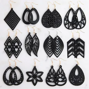 12 Styles of Black Wooden Earring Wood Earrings for Women Pack of 2 Pair Laser Cut Mandala Herringbone Wood Hoop Earring