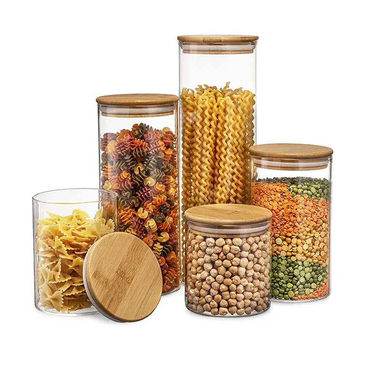 Large Natural Bamboo Glass Food Storage Container Cereal Dispenser Jars for Pasta, Powder, Tea, Coffee