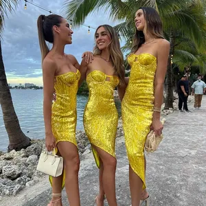 Enyami Party Club Wear Golden Slip abito da sera paillettes Off spalla aderente Sexy irregolare Prom lunghi Maxi abiti per le donne