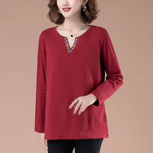 Women's Long Sleeve T-Shirt V-Neck Embroidered Loose Fit Base Layer <b>Top</b> For Middle Aged And Elderly Women Blue Color - Product Image 3