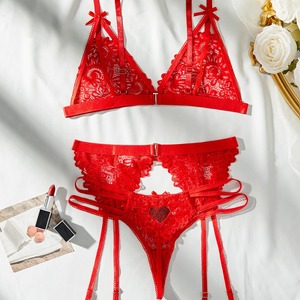 Lencería de encaje bordada con lazo estilo europeo y americano, calcetines colgantes, conjunto de tres piezas de ropa interior femenina, gran venta. - Product Image 3