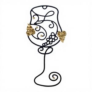 Arte de Pared de Hierro Moderno Hecho a Mano con Diseño Botánico, Edición Diwali, con Copa de Vino y Hoja de Uva en Latón Dorado - Product Image 1