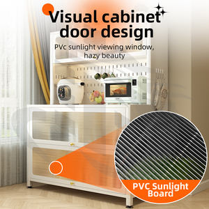 Mueble de Cocina Multifuncional con Puertas de Vidrio Acanalado y Panel Perforado, Organizador Rodante de Gran Capacidad, Aparador de Acero - Product Image 5