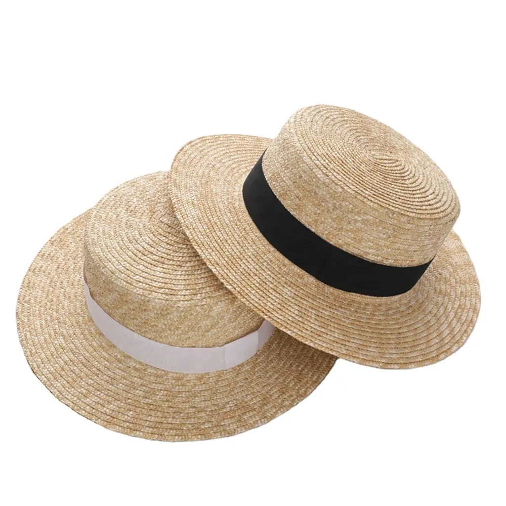 Alta qualità moda Flat Top Jazz Boater cappello donna tesa larga grano thailandia cappello con visiera di paglia cubana fornitore con nastro