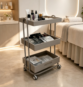 Three Tier Salon Trolley <b>Wooden</b> Storage Cart Mobile Beauty Shop Utility Rack with Drawers and <b>Wheels</b> - Product Image 3