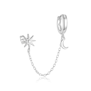 Nuevos y Modernos Pendientes de Aro con Borla de Cadena Larga de Plata de Ley 925, Estrella y Luna Doble con Circonita Cúbica - Product Image 1