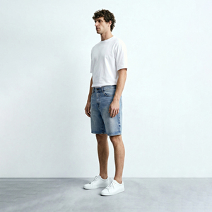 Shorts en jean décontractés bleu clair pour homme, coupe ample, style vintage délavé, jambe droite, Jorts, streetwear décontracté, baggy, été 2026 - Product Image 3