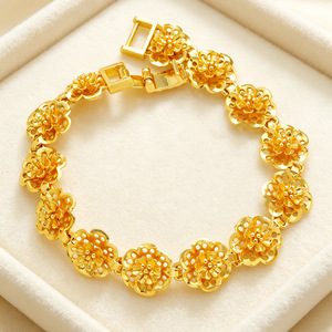 Bracciale con ciondolo a forma di peonia in stile etnico vietnamita, placcato oro 24K, in ottone, per l'autunno, con peonia 3D rigida, portafortuna, per donne e ragazze - Product Image 1