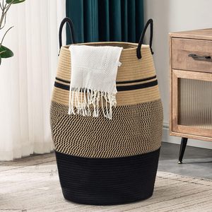 Cesto de Ropa Grande de 65L, Cesta de Almacenamiento Alta Tejida de Cuerda de Algodón para Ropa, Dormitorio, Sala de Estar, Organización, Plegable - Product Image 1
