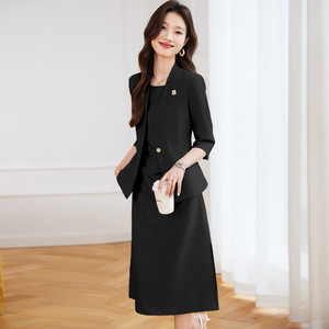 Women's Collarless Suit Dress Two-Piece Set Midi Skirt Three Quarter Sleeve Polyester Satin Anti-Wrinkle Office Lady Style - Product Image 4