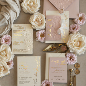 Invitación Floral Rosa Suave con Grabado en Relieve, Borde Crudo con Cinta Dorada en Cursiva, Juego de Papel Personalizado para Boda al Aire Libre - Product Image 5