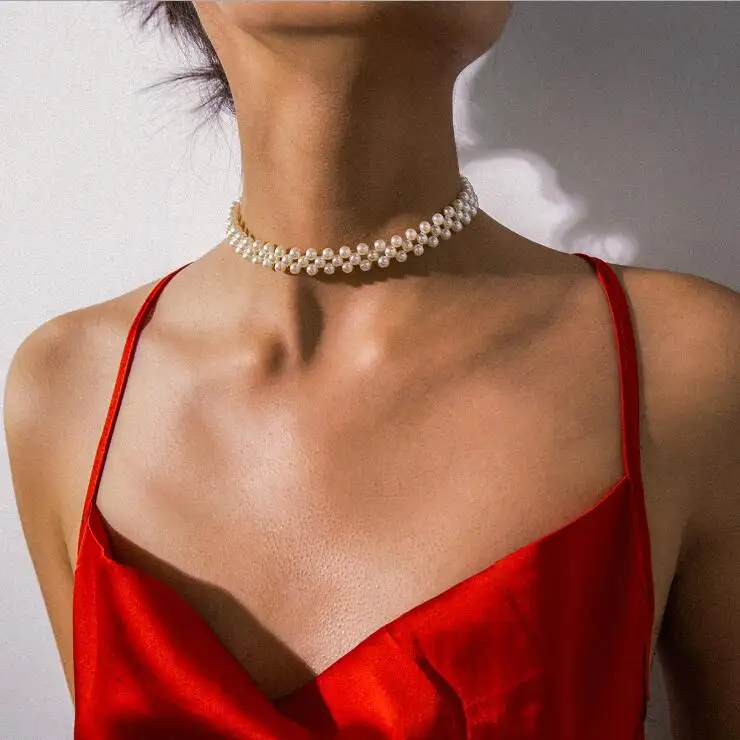 Punk Double layer Imitation Pearl Choker Necklace Collar Statement Small Bead Short Clavicle Chain Necklace for Women Jewelry
