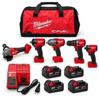 Ensemble d'outils électriques sans fil Milwaukee E 18V : perceuse-visseuse, meuleuse d'atelier, clé à couple élevé, quatre batteries, chargeur, sac