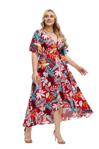 Abito a maniche corte con scollo a V di <span class=keywords><strong>moda</strong></span> di nuova stampa da donna taglie forti 2025 con vita legata e gonna irregolare abito Casual - Product Image 3