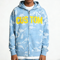 Hoodie Pria Streetwear Custom Biru Langit Motif Kamuflase & Enzyme Wash 420 Gsm 100% Katun Oversized Heavyweight untuk Pria