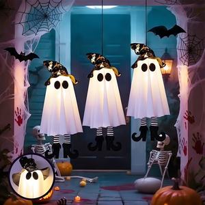 Luces fantasma espeluznantes de Halloween, adornos de fantasma con sombrero de bruja, decoraciones de Halloween iluminadas con LED, adecuadas para jardines exteriores. - Product Image 1