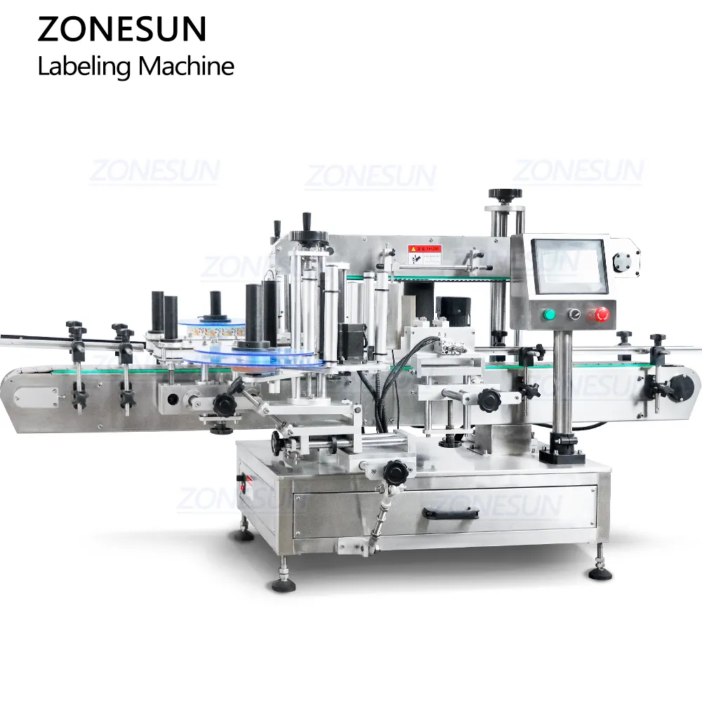 ZONESUN ZS-TB300N 자동 플랫 라운드 병 더블 사이드 자동 접착 스티커 라벨 기계 샴푸 세탁 세제