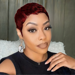 批发短分层小精灵切割巴西人头马假发，刘海全机制作黑色处女印度女性头发 - Product Image 3