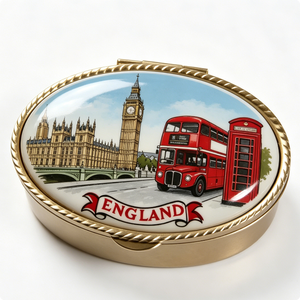 Caja de Recuerdos de Inglaterra con Diseño de Big Ben, Autobús Rojo y Cabina Telefónica, Tapa Redonda Pintada de Latón Chapado en Oro - Product Image 6