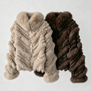 Elegante <span class=keywords><strong>Cappotto</strong></span> Leggero in Vera <span class=keywords><strong>Pelliccia</strong></span> di Coniglio per Donna, Design Tyan, Marrone Reversibile con Bottoni Invisibili - Product Image 1