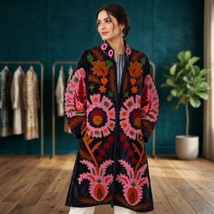 Manteau en velours Suzani brodé à la main pour femme, motif floral Paisley noir, mi-long, style kimono, ouvert sur le devant, robe bohème d'hiver - Product Image 1