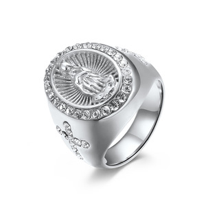 Anillo de acero inoxidable con incrustaciones de diamantes y cruz de la Virgen María, estilo único, chapado en oro, diseño exclusivo, asequible. - Product Image 1